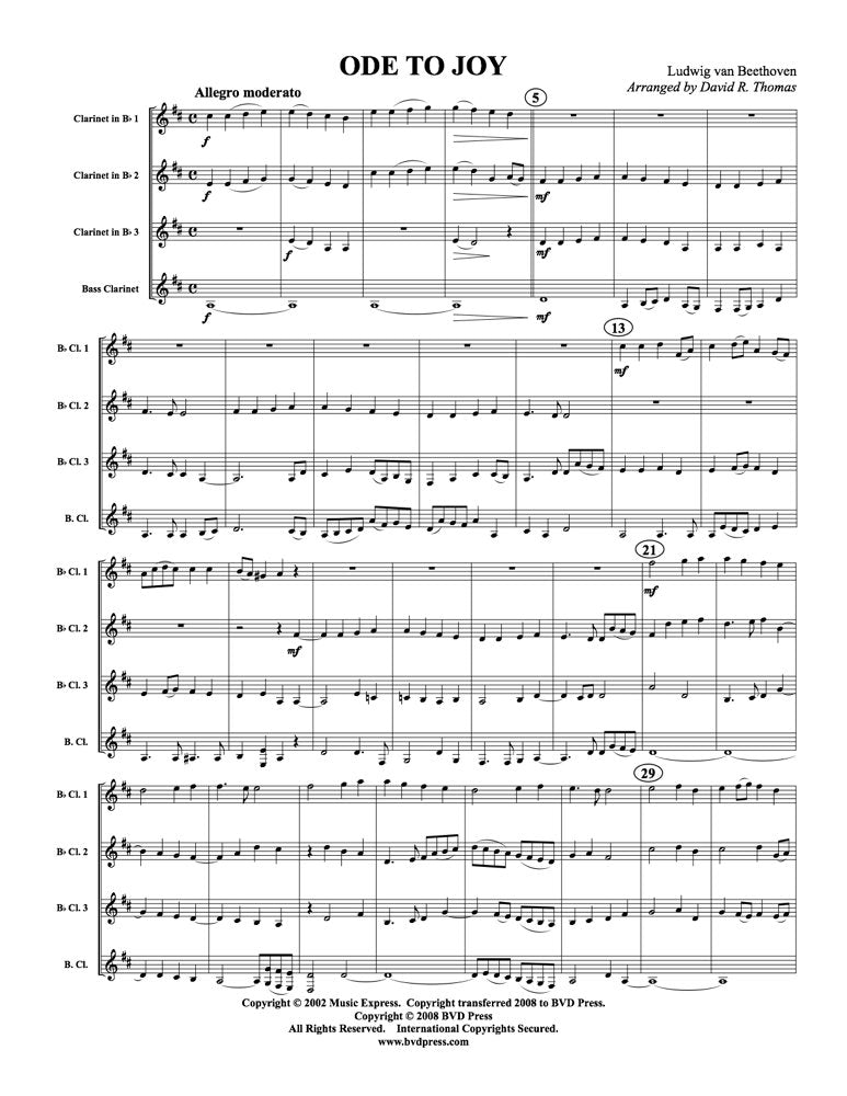 Beethoven (arr. Thomas) - Ode To Joy for Clarinet Quartet