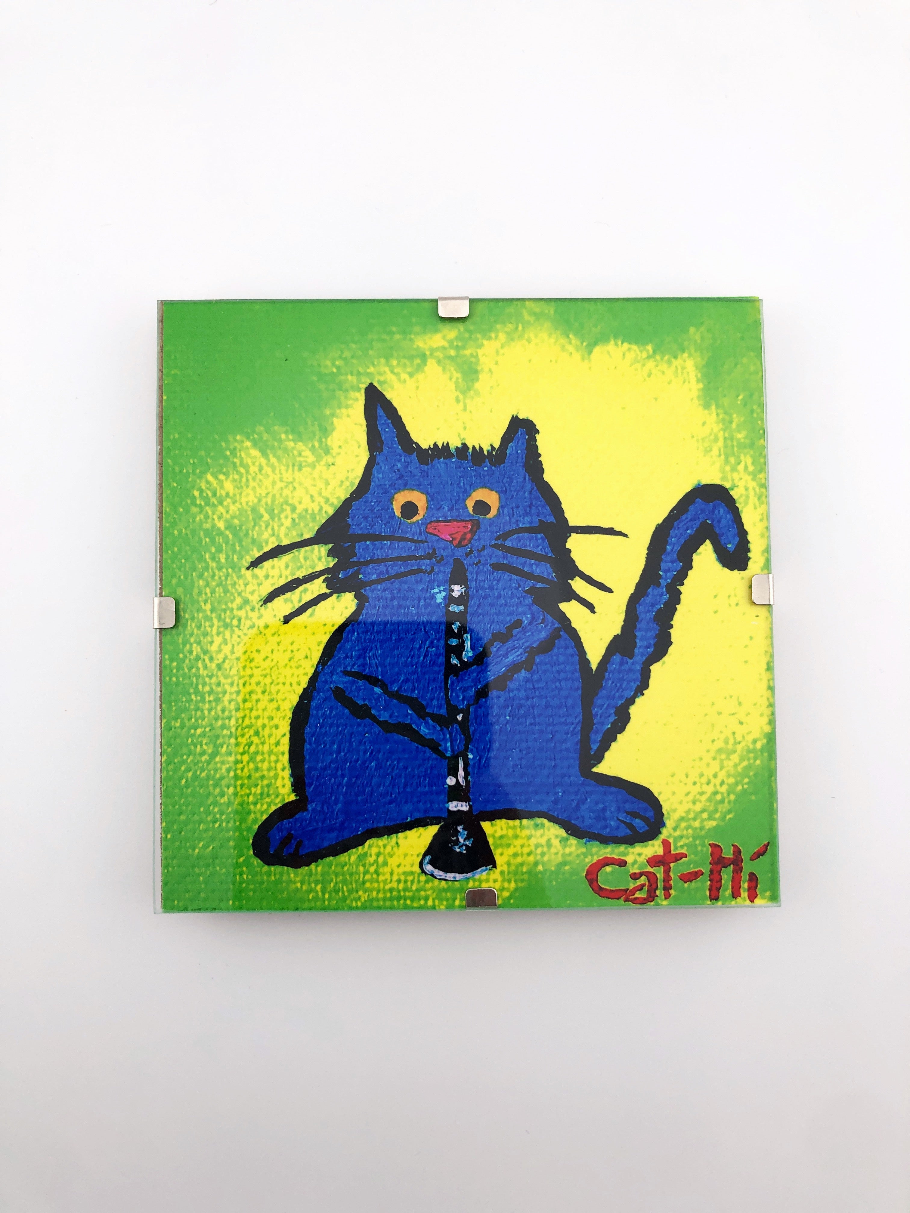 Cat-Hi Clarinet Cat Prints in Glass Frames 4"x4"