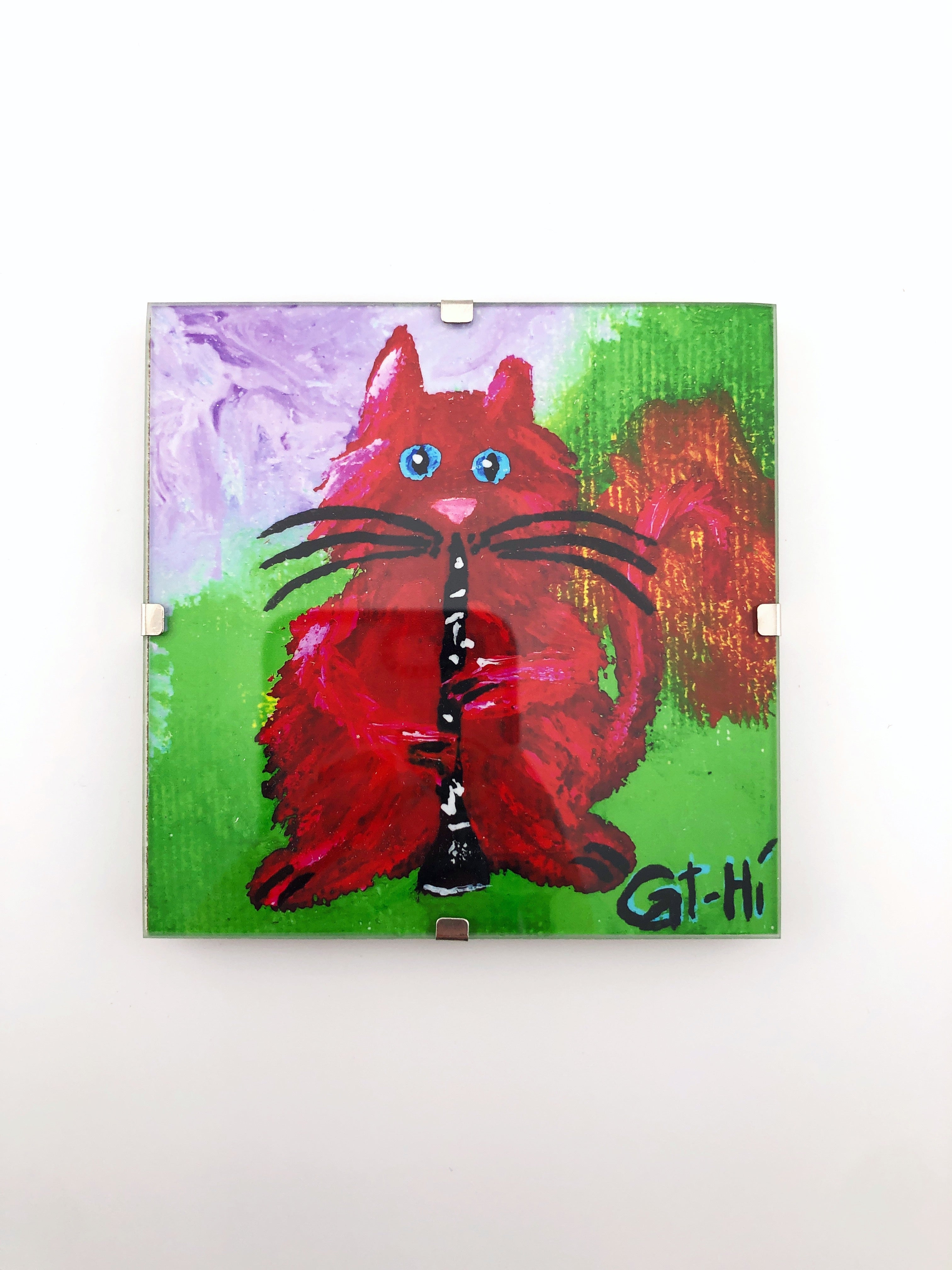 Cat-Hi Clarinet Cat Prints in Glass Frames 4"x4"