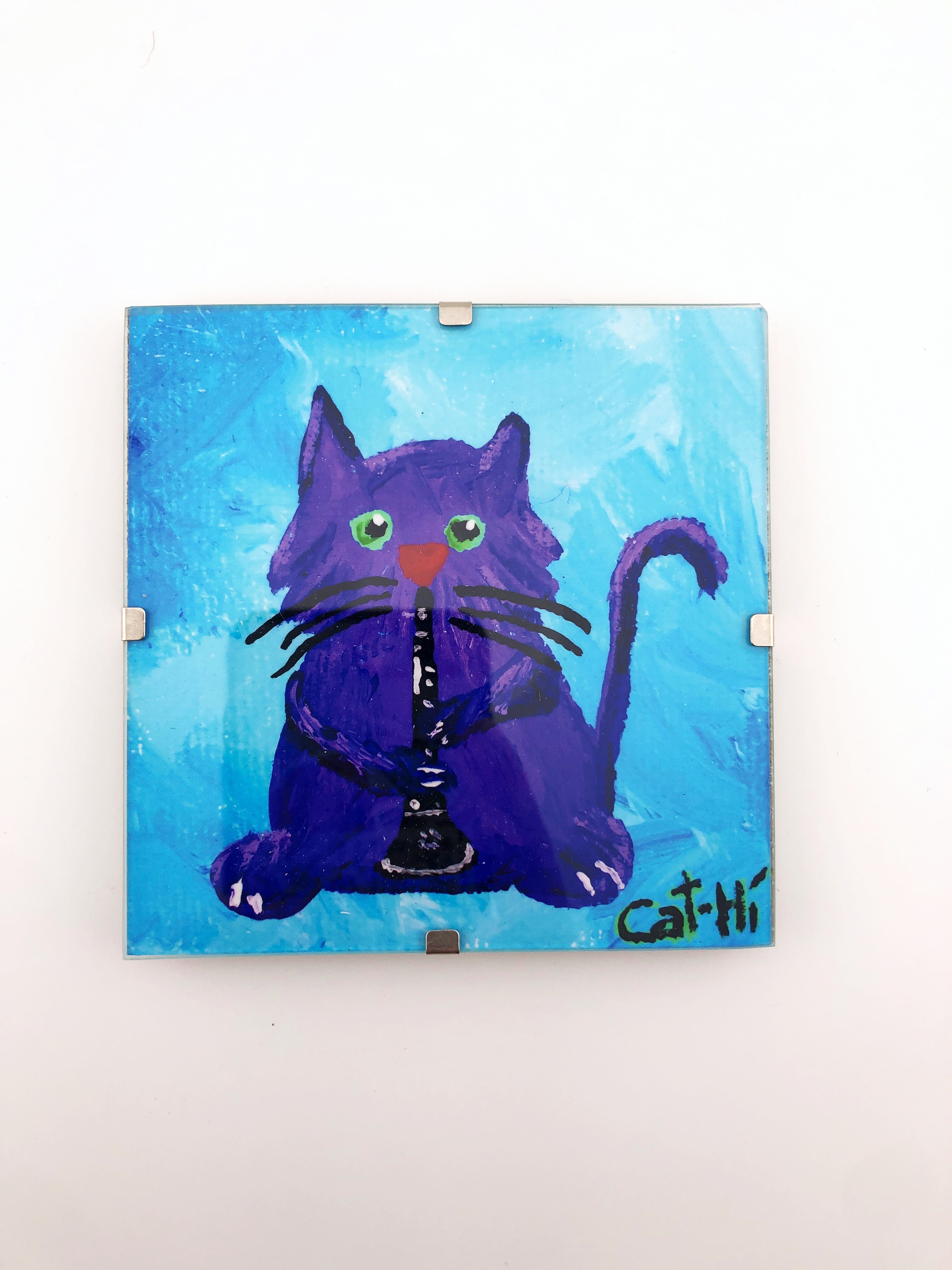 Cat-Hi Clarinet Cat Prints in Glass Frames 4"x4"