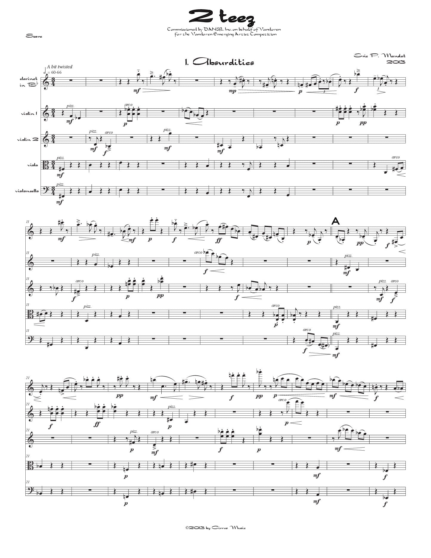 Mandat - 2 Teez for B-flat Clarinet and String Quartet