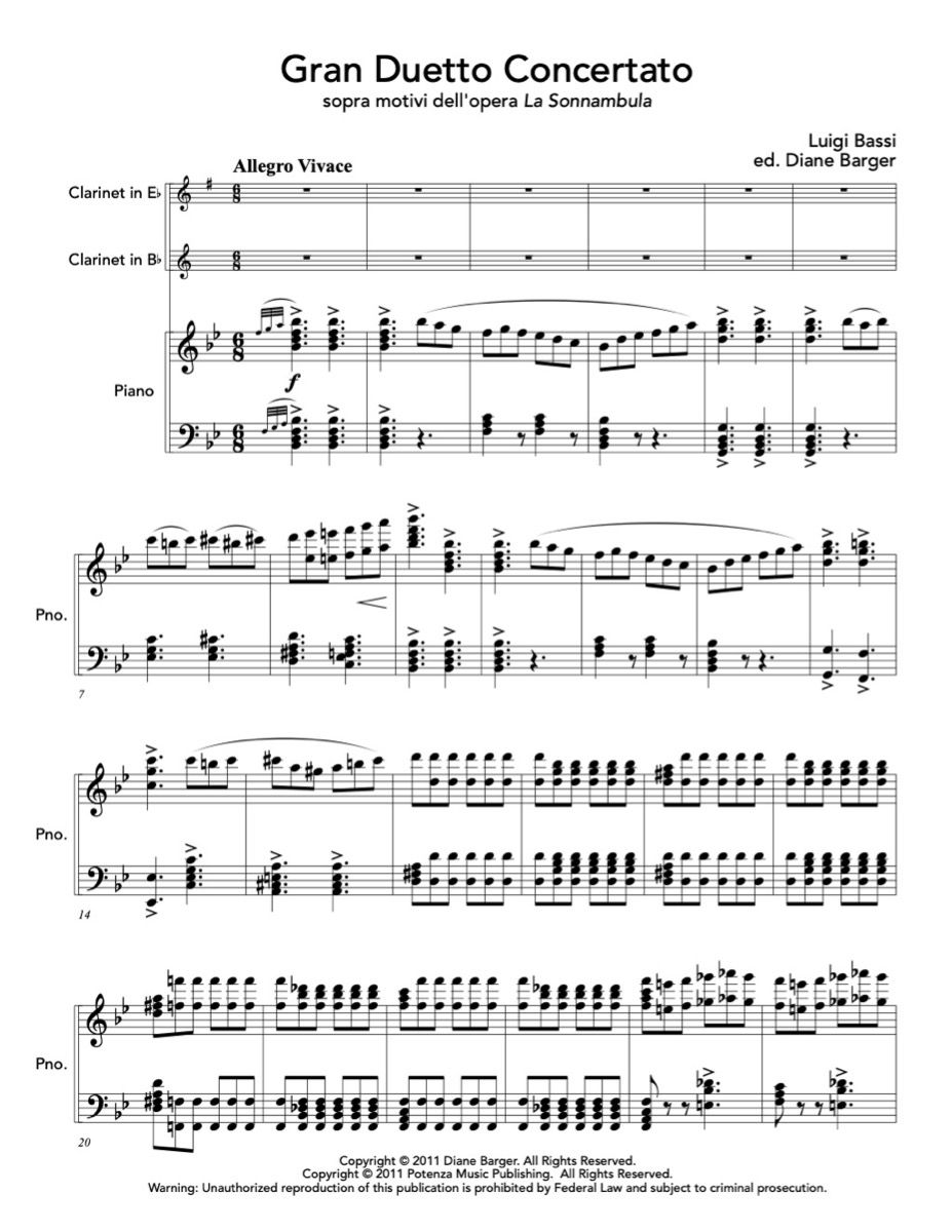 Bassi (ed. Barger) - Gran Duetto Concertato sopra motivi dell'opera "La Sonnambula" for Eb Clarinet, Bb Clarinet, and Piano