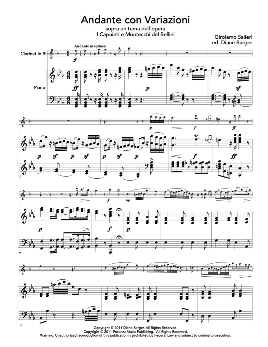 Salieri (ed. Barger) - Andante con Variazioni sopra un tema dell'opera I Capuleti e Montecchi for Clarinet and Piano