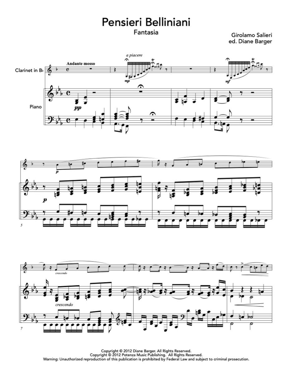 Salieri (ed. Barger) - Pensieri Belliniani - Fantasia for Clarinet and Piano