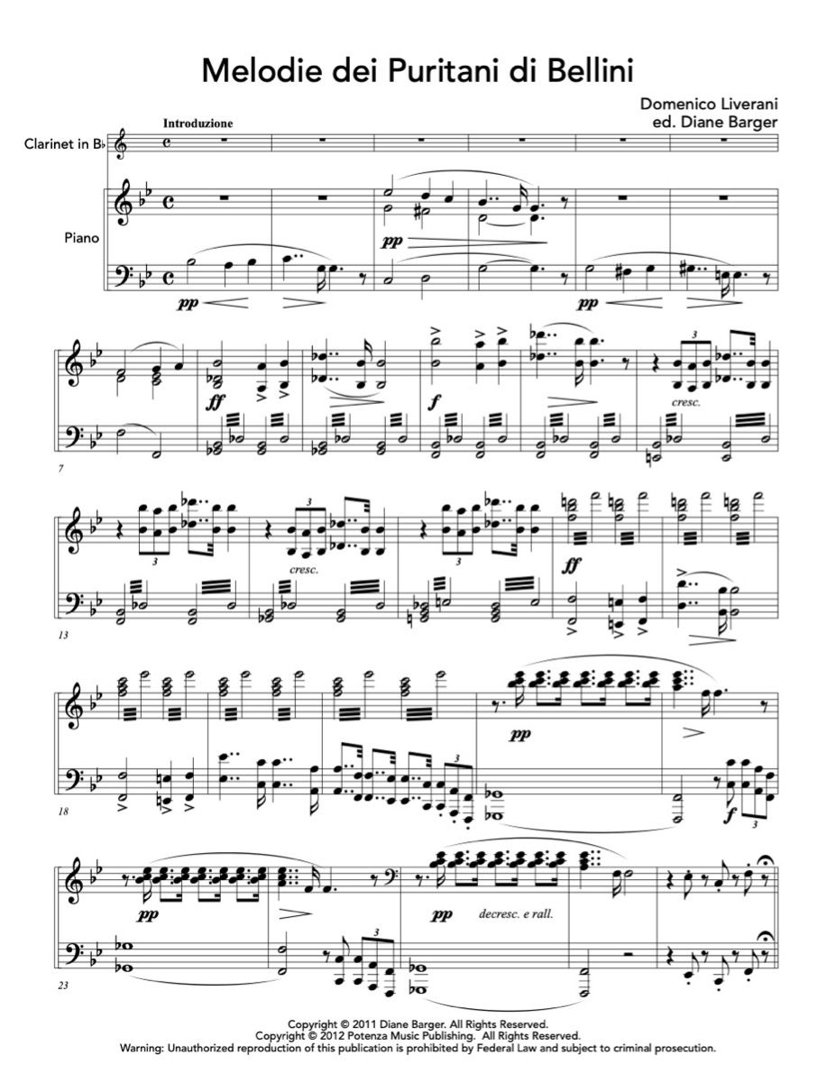 Liverani (ed. Barger) - Melodie dei Puritani di Bellini for Clarinet and Piano