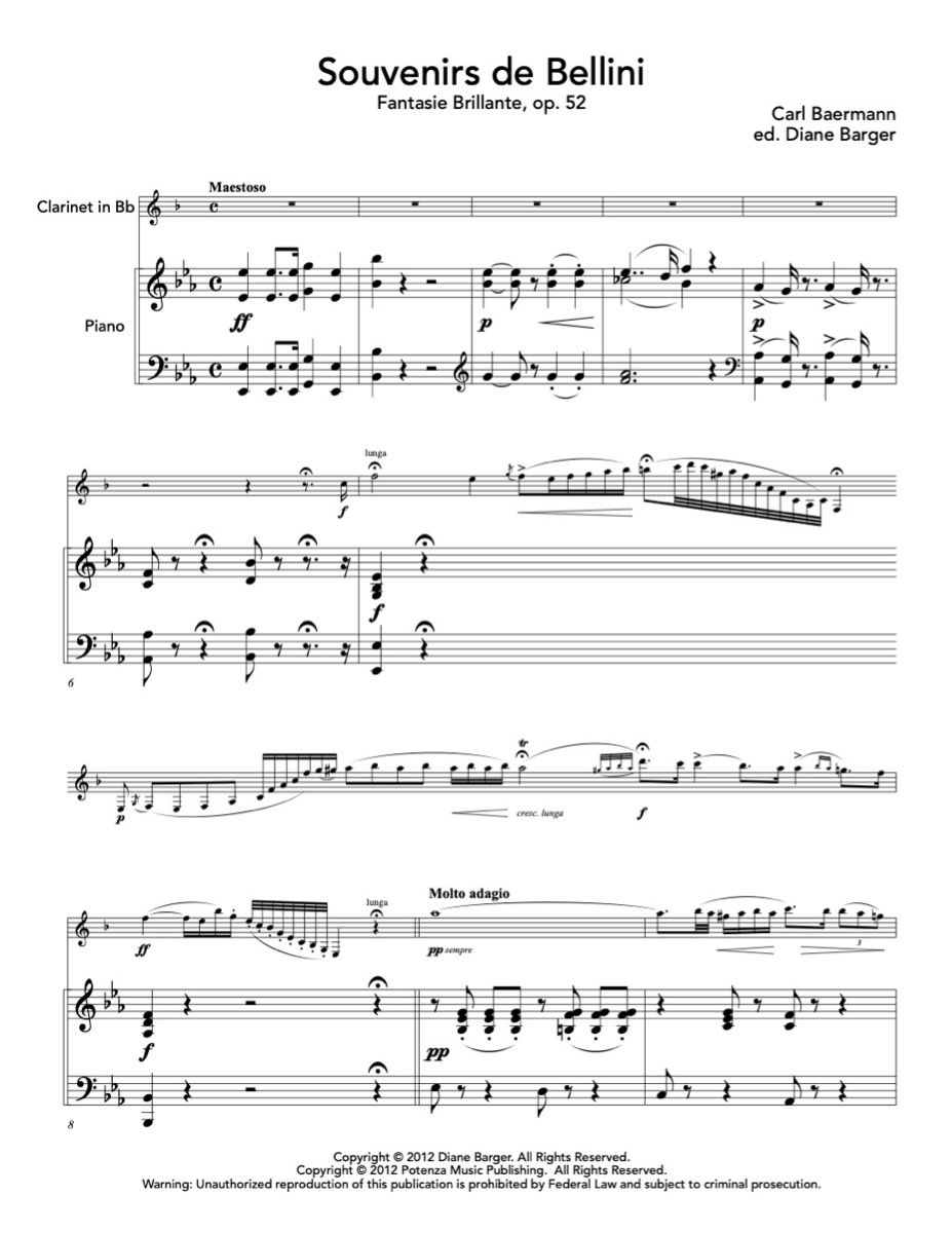 Baermann (ed. Barger) - Souvenirs de Bellini for Clarinet and Piano