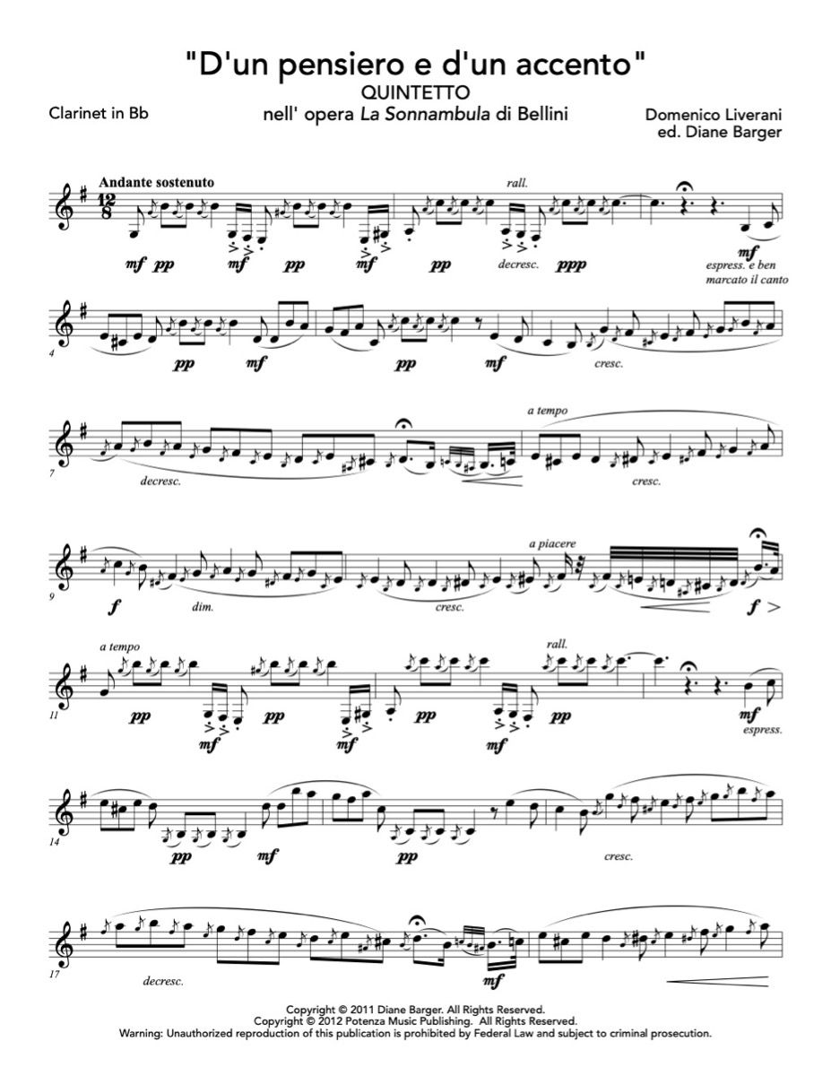 Liverani (ed. Barger) - "D'un pensiero e d'un accento" Quintetto nell'opera La Sonnambula di Bellini for Solo Clarinet