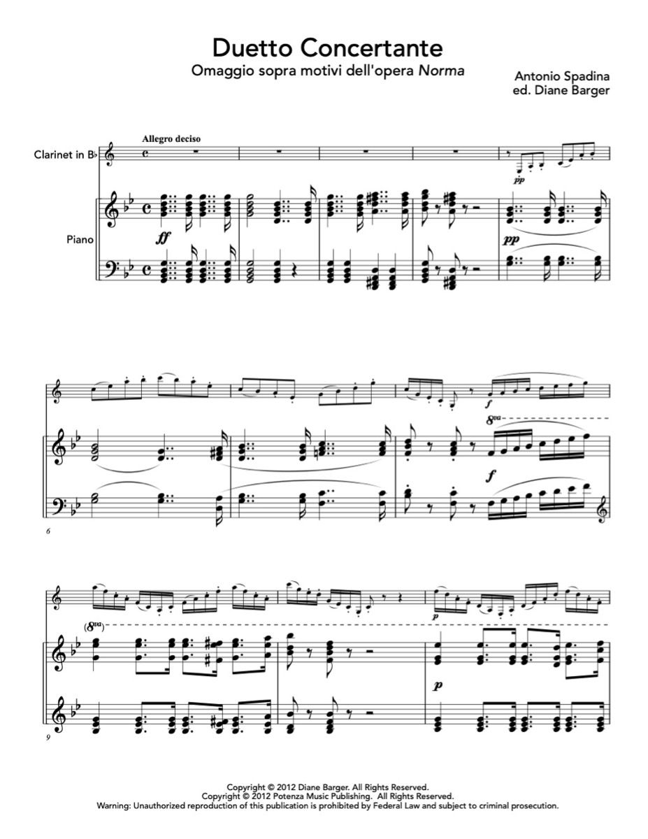 Spadina (ed. Barger) - Duetto Concertante: Omaggio sopra motivi dell'opera Norma for Clarinet and Piano