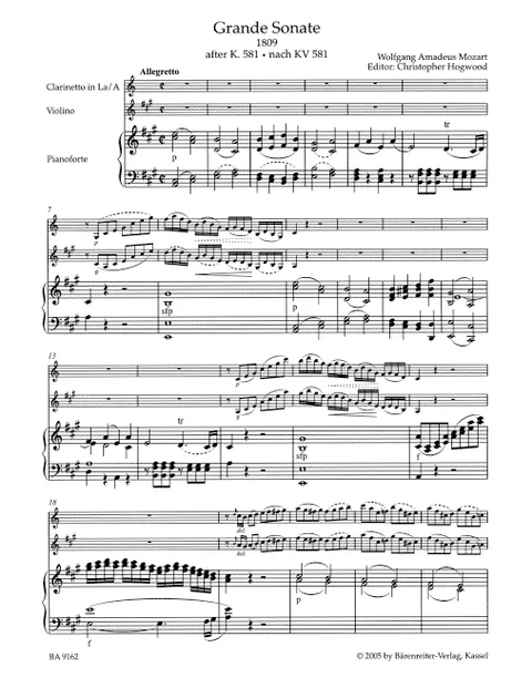 Mozart - Grande Sonate for Clarinet (or Violin) and Piano in A major