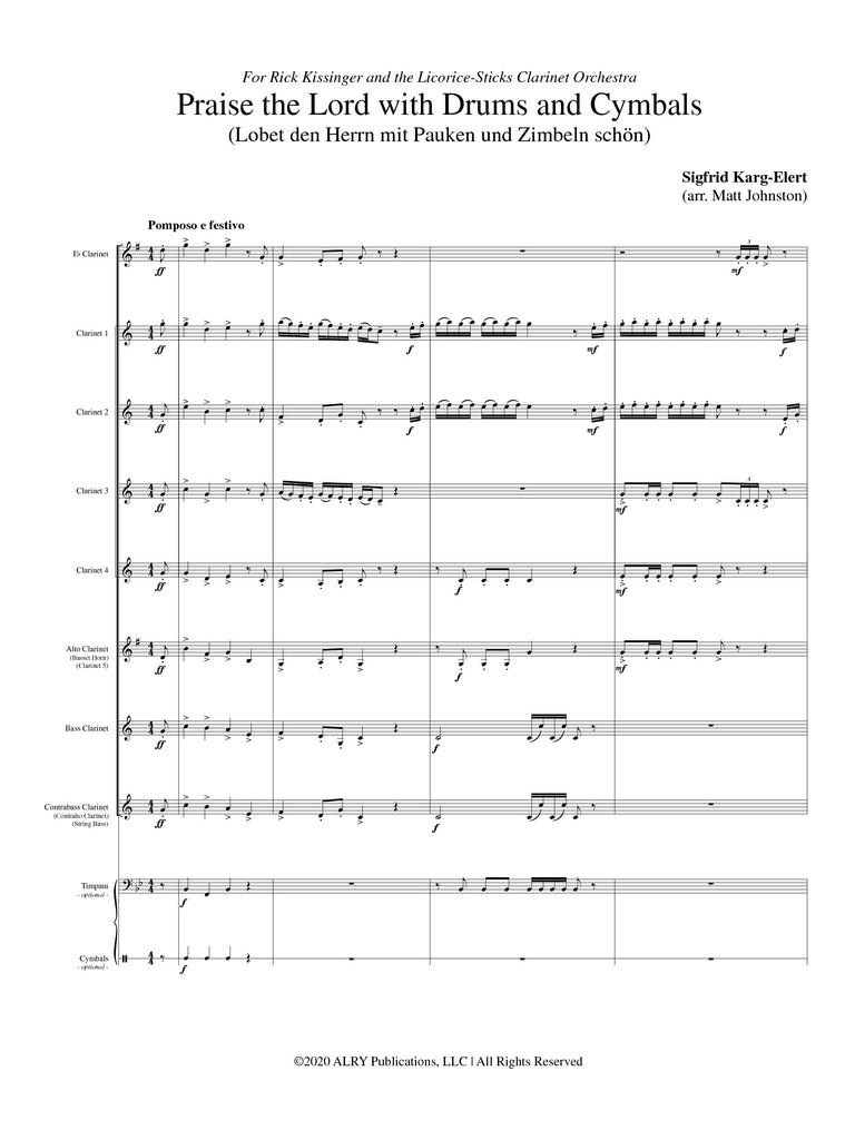 Karg-Elert (arr. Matt Johnston) - Praise the Lord with Drums and Cymbals for Clarinet Choir