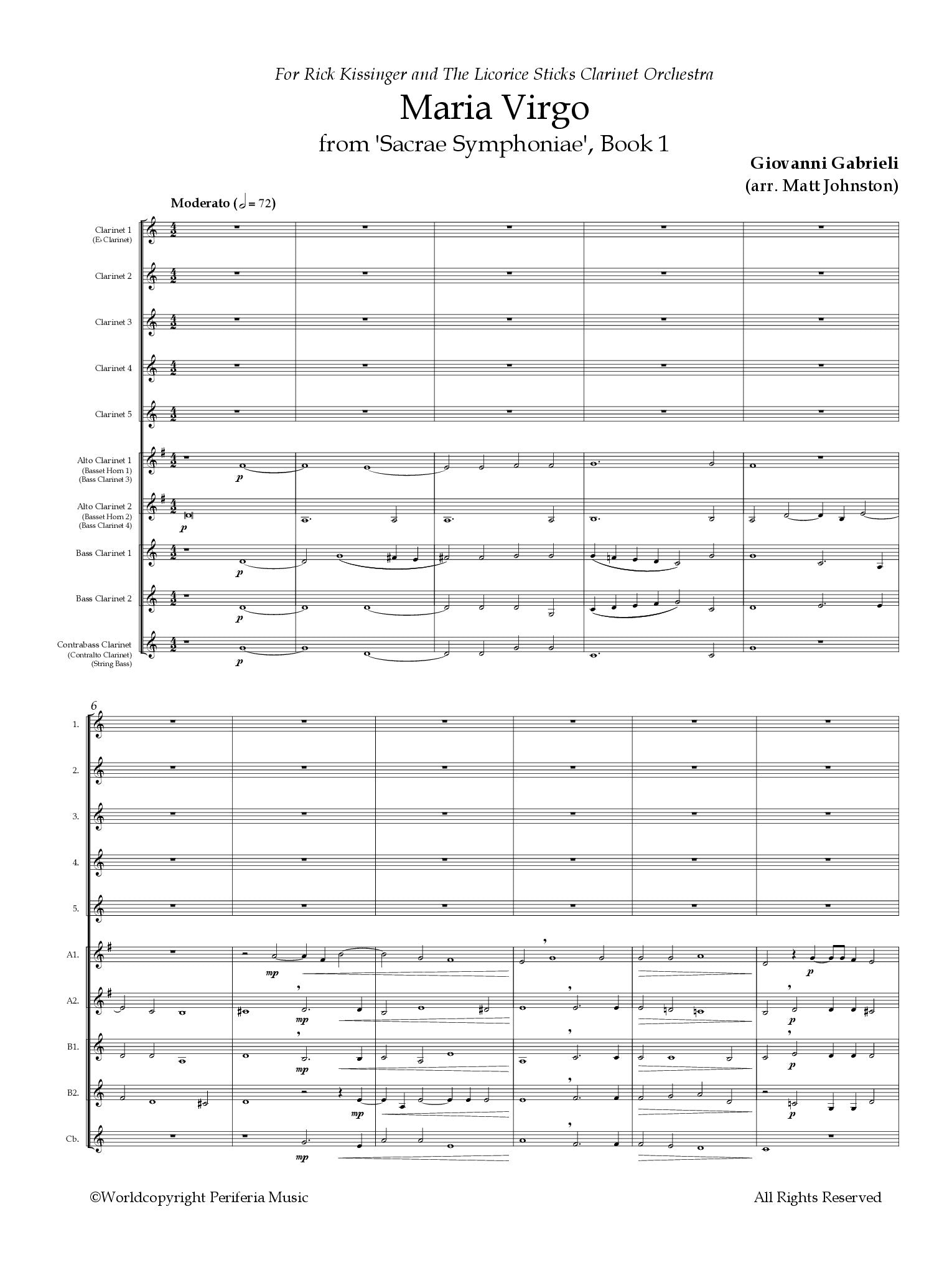 Gabrieli (arr. Matt Johnston) - Maria Virgo from 'Sacrae Symphoniae', Book 1 for Clarinet Choir