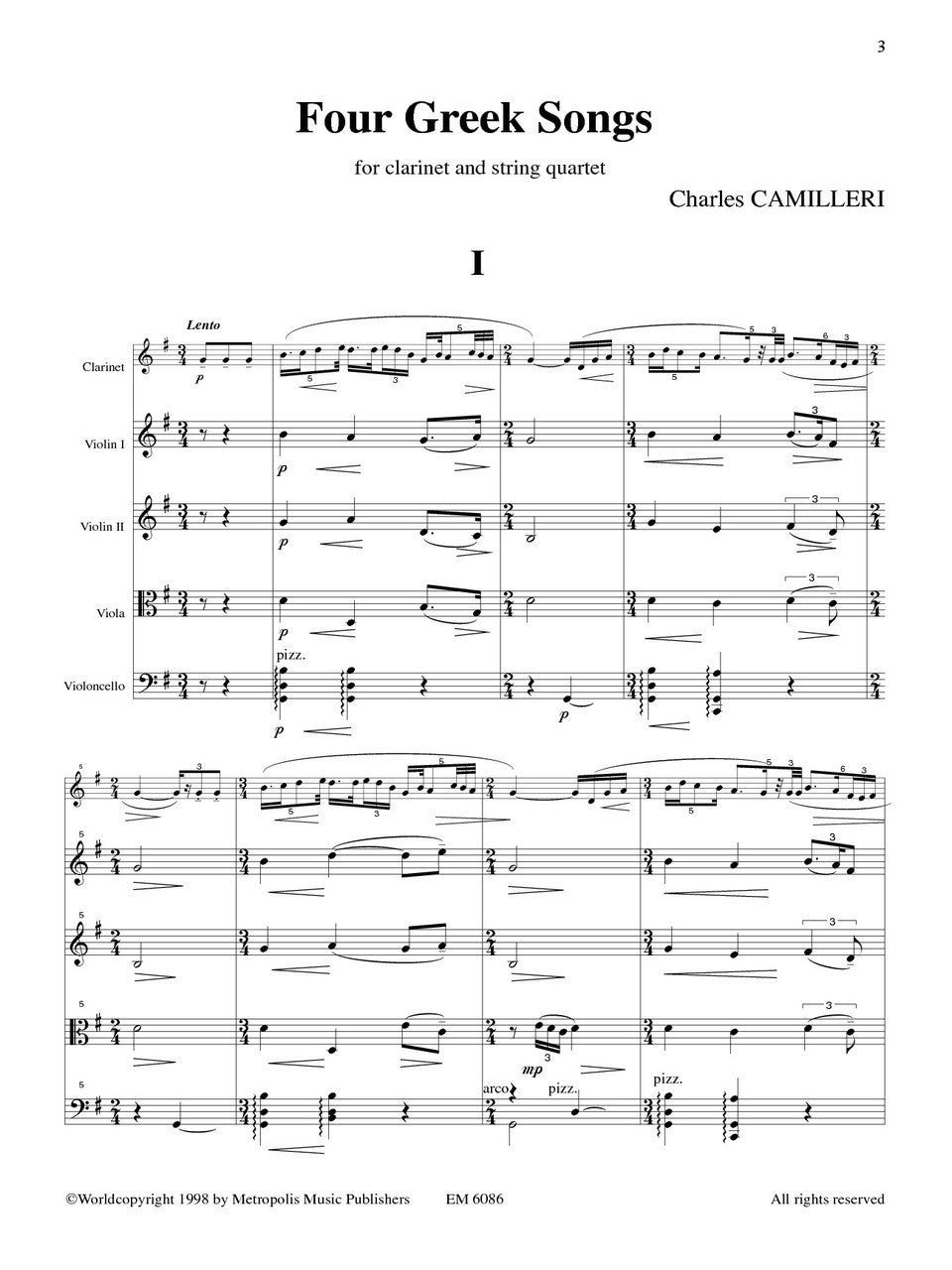 Camilleri - 4 Greek Songs for Clarinet and String Quartet