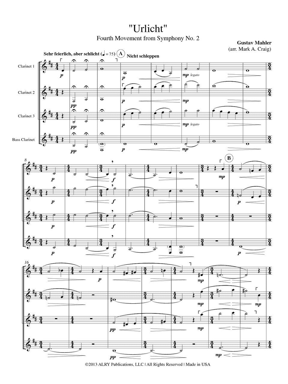 Mahler (arr. Mark A. Craig) - Urlicht for Clarinet Quartet