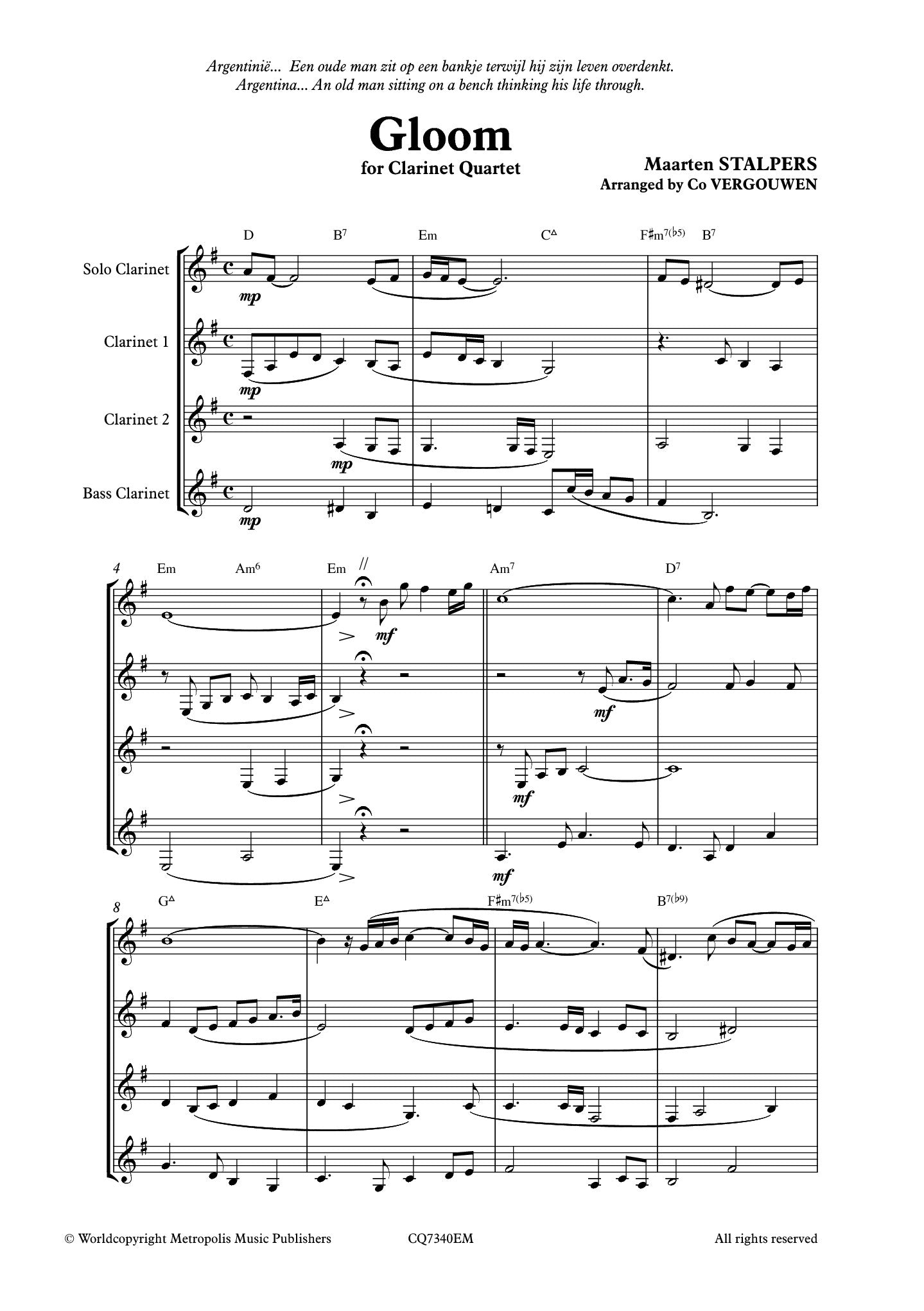 Stalpers (arr. Co Vergouwen) - Gloom for Clarinet Quartet