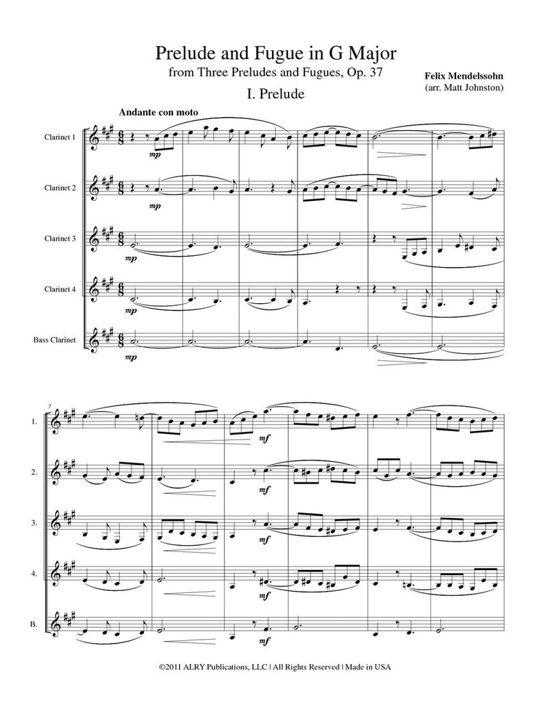 Mendelssohn (arr. Johnston) - Prelude and Fugue in G Major for Clarinet Quintet
